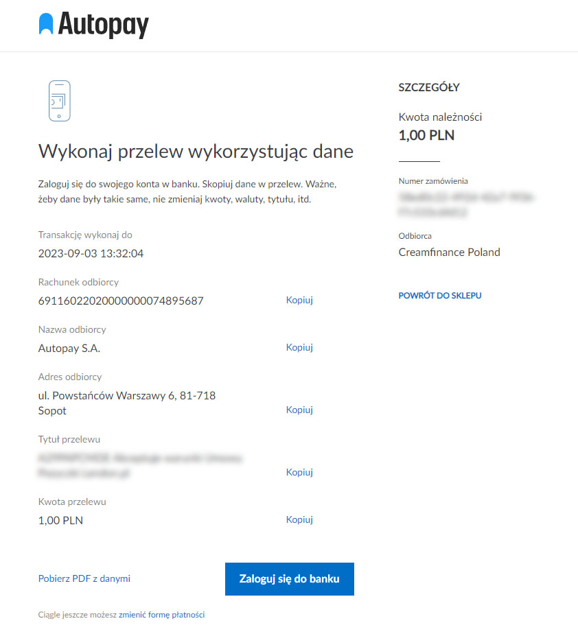 Ekran potwierdzenia transakcji Autopay